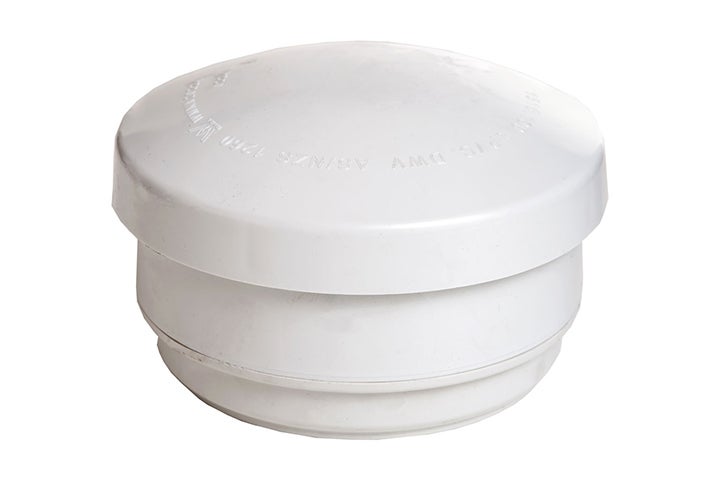 A white, solid-colored septic tank replacement mushroom vent designed for easy installation onto a 100mm pipe.