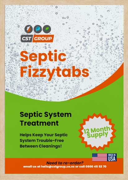 Packaging for CST Group's Septic Tank Fizzy Tabs, depicting a bottle with fizzy tabs and a graphic indicating a 12-month supply. The background is white with green and orange accents, and there is a 'Need Reorder' button and a 'Call Now' button included.